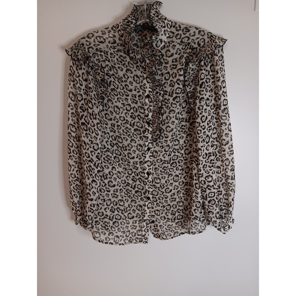 Zara Leopard Animal Print Sheer Button Up Blouse Top Sz XS Ruffle Detail
